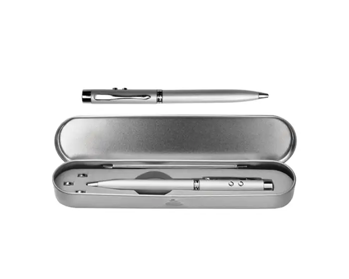 Lapicero Láser Metálico 3 Funciones con Estuche | Luz Roja + Linterna LED + Tinta Negra