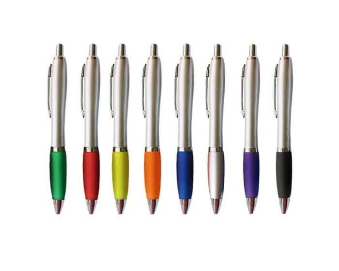 Lapicero Plástico Retráctil Plateado con Goma Traslúcida – Tinta Azul